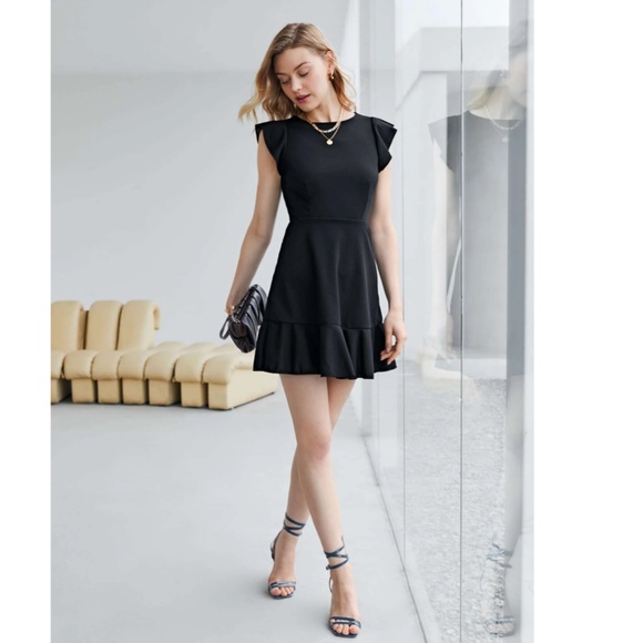 Black Ruffle Trim Short Dress - Picture 5 of 8